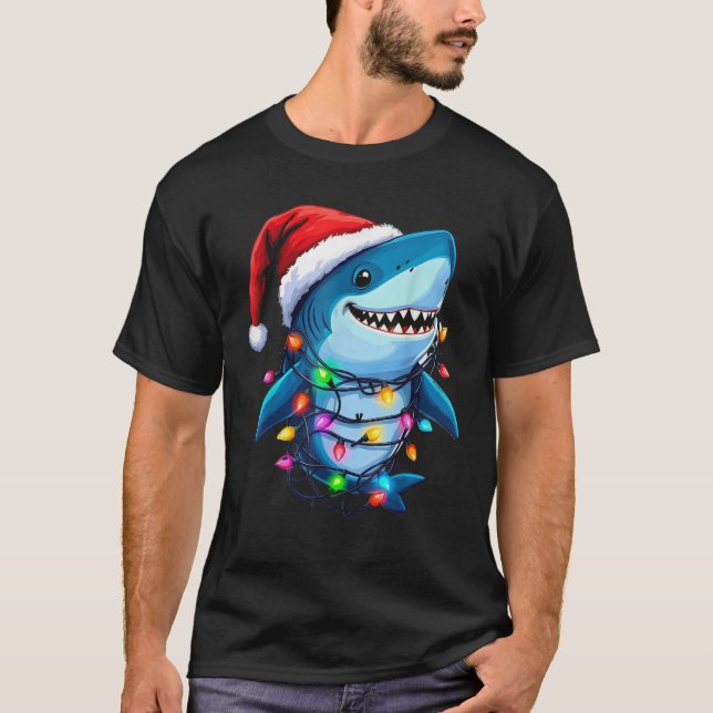 Festive Christmas Shark Santa Hat Holiday Lights F T-Shirt (Vorderseite)