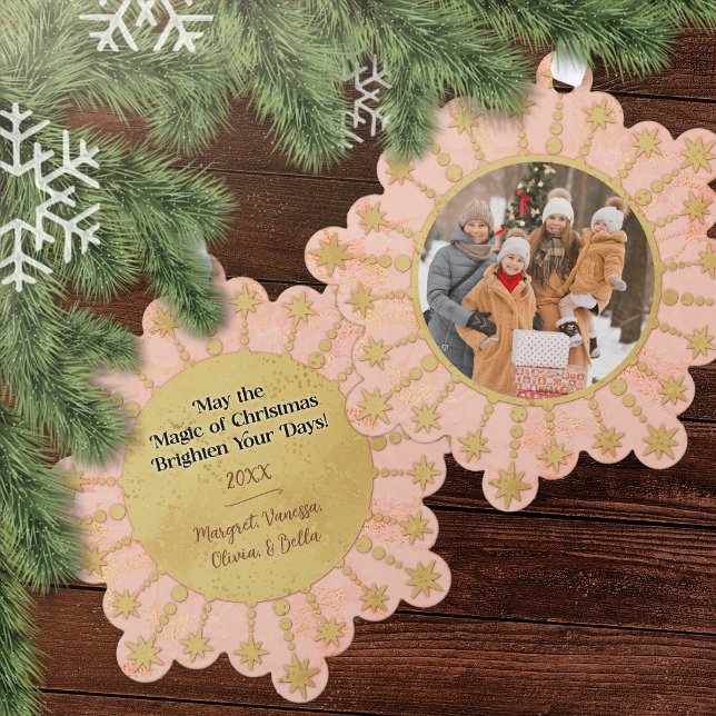 Festive Christmas Star: Pink and Gold Photo Ornament Karte (Festive Christmas Star: Pink and Gold Ornament Card–One Photo Design)