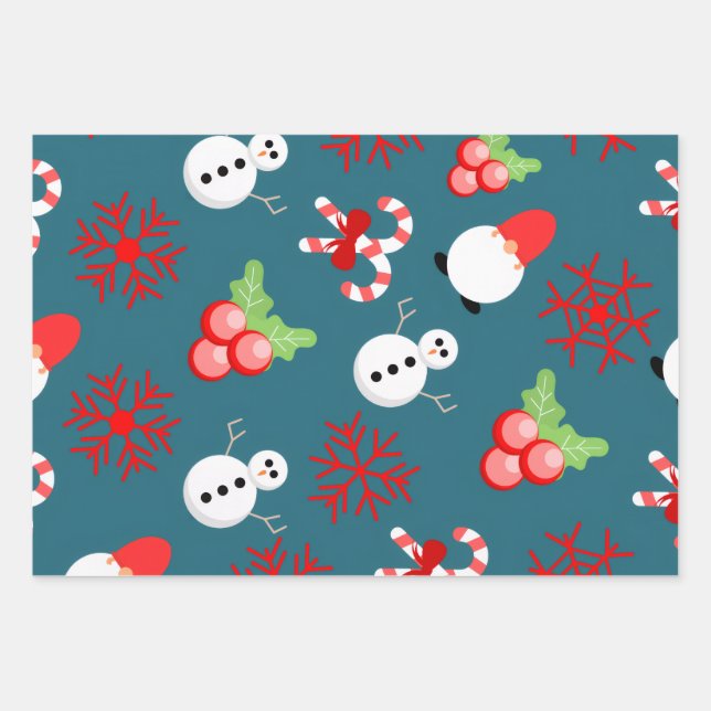 Festive Christmas Wrapping Paper – Snowmen & Candy Geschenkpapier Set (Vorderseite)