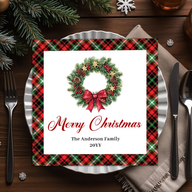 Festive Christmas Wreath in Red Green Plaid Serviette (Festive Christmas Wreath in Red Green Plaid Paper Dinner Napkins)