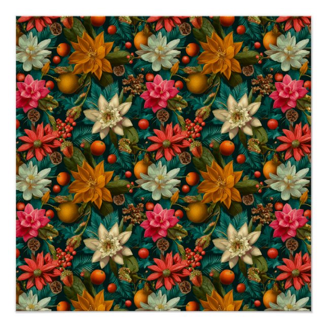 Festive Citrus & Winter Floral Christmas Pattern Poster (Vorderseite)