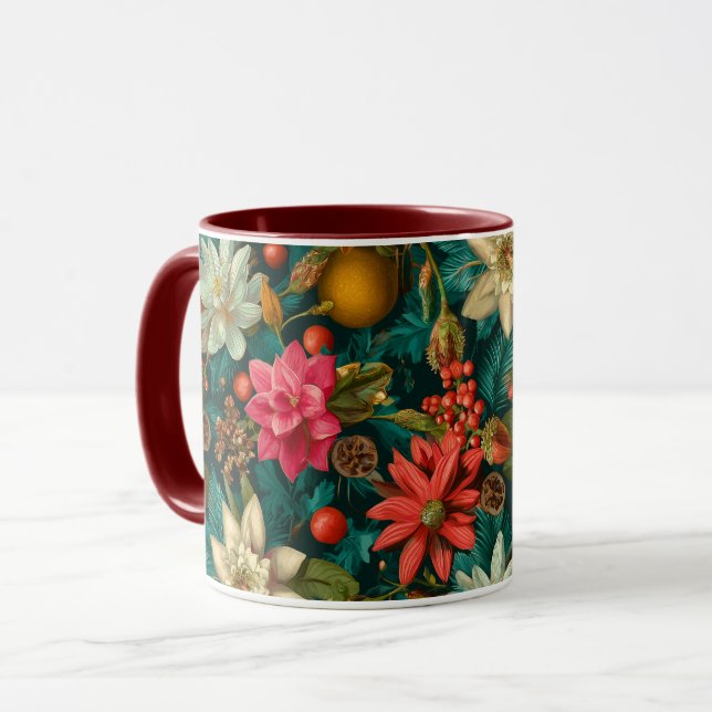 Festive Citrus & Winter Floral Christmas Pattern Tasse (Vorderseite Links)