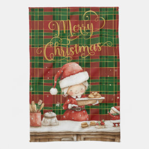 Festive Classic Red Green Gold Tartan Frau Claus Geschirrtuch