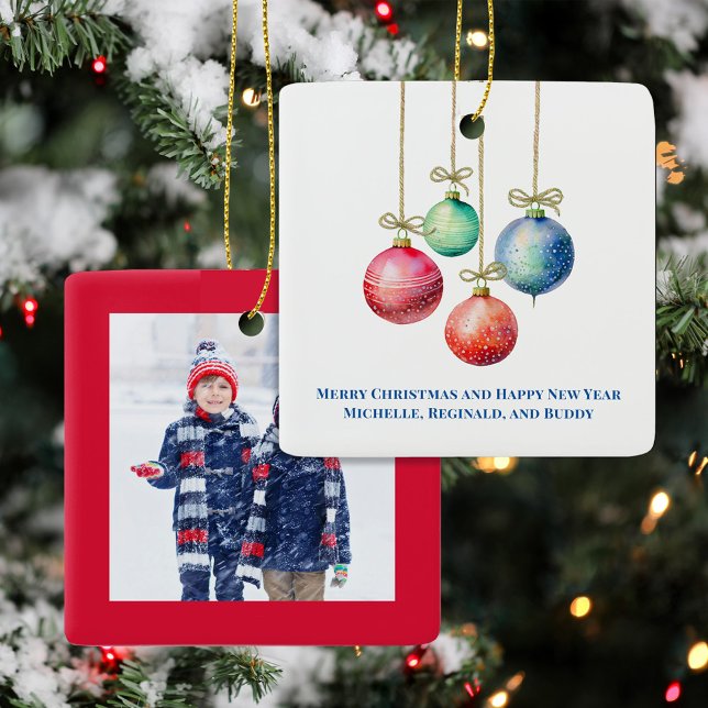Festive Colorful Christmas Ornaments Custom Photo Keramikornament (Christmas Photo Ornaments with cute watercolor colorful ornaments.)