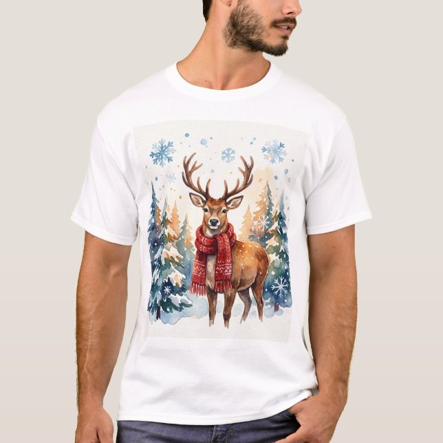 Festive Deer in Snowy Forest T-Shirt (Vorderseite)