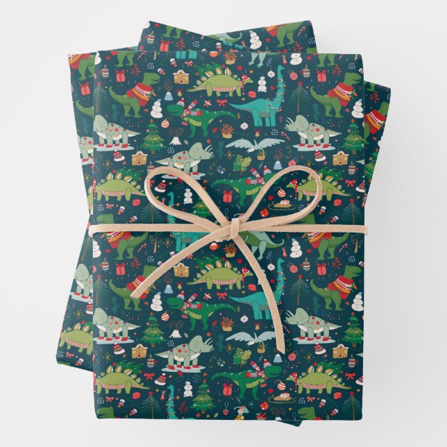 Festive Dinosaurier Weihnachtsmuster Geschenkpapier Set (Beispiel)