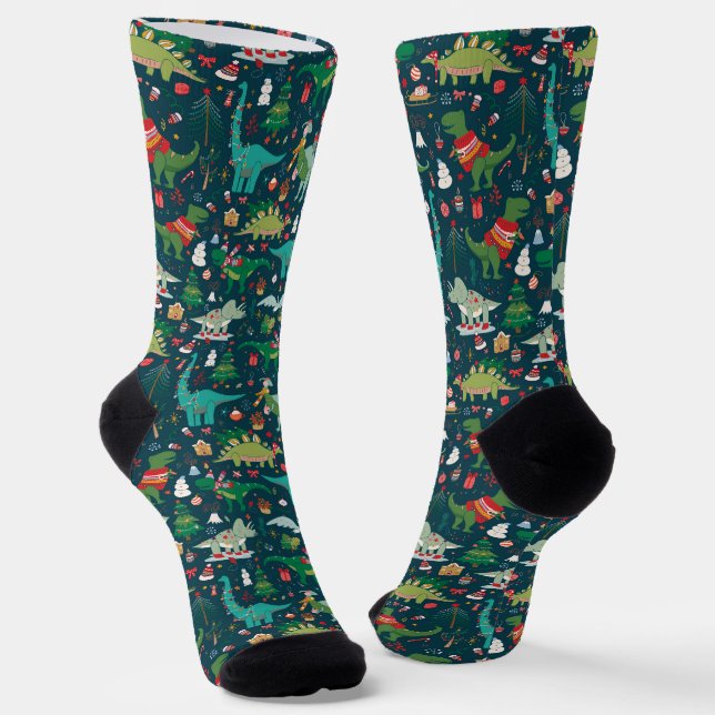 Festive Dinosaurier Weihnachtsmuster Socken (Gewinkelt)