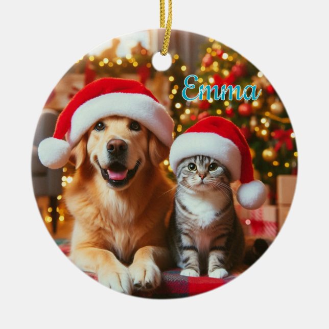 Festive Dog and Cat Christmas Keramik Ornament (Vorne)