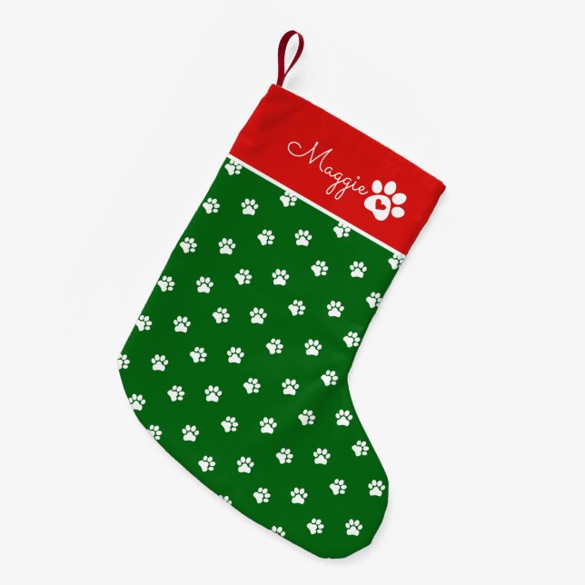 Festive Dog Paw Print  Custom Name Kleiner Weihnachtsstrumpf (Vorderansicht (hängend))