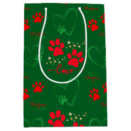 Festive DOG PAW PRINTS and LOVE HEARTS Christmas Mittlere Geschenktüte