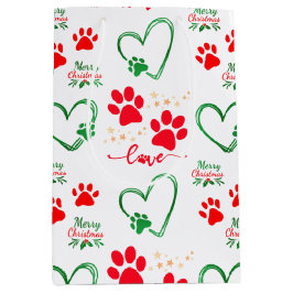 Festive DOG PAW PRINTS and LOVE HEARTS Christmas Mittlere Geschenktüte