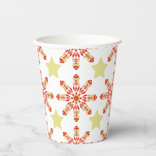 Festive Eleganz: rotes und goldenes Sternenmuster Pappbecher (Vorderseite)