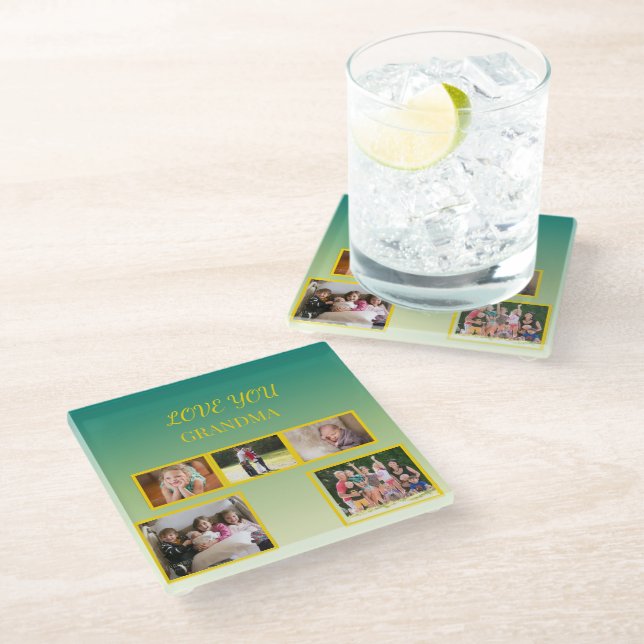 Festive Family Collage with Gold Script Glasuntersetzer (Schrägansicht)