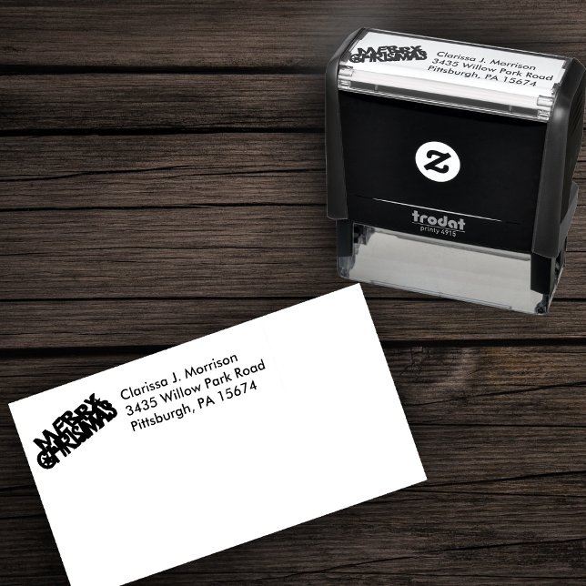 Festive Fancy Letters Merry Christmas Stars Permastempel (Merry chrismtas festive fancy letters on self inking return address stamp.)