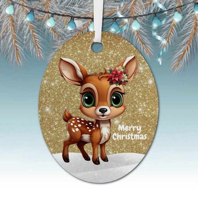 Festive Fawn Golden Sparkle Xmas Holiday Decor🎄🦌 Ornament Aus Metall (Custom Xmas fawn gold sparkle holiday decor editable doe keepsake golden glitter decoration 🦌🎄)