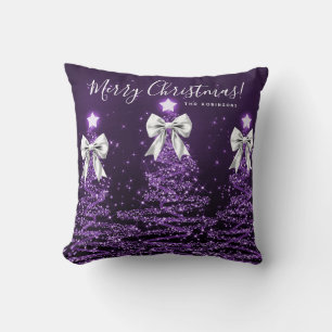 Festive Feiertage Lila Weihnachtsbäume Name Silber Kissen