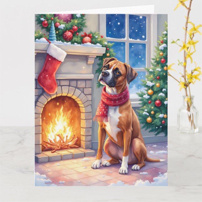 Festive Fireplace Boxer Christmas Art Karte (Gelbe Blume)