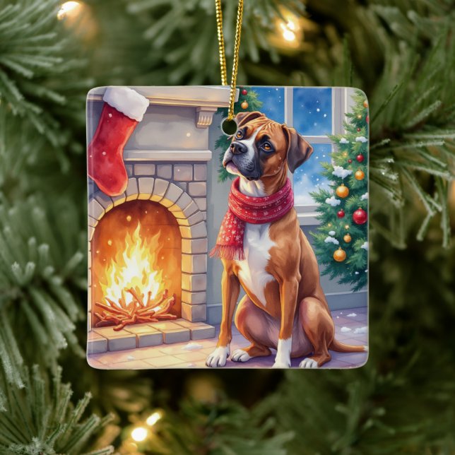 Festive Fireplace Boxer Christmas Art Keramikornament (Baum)