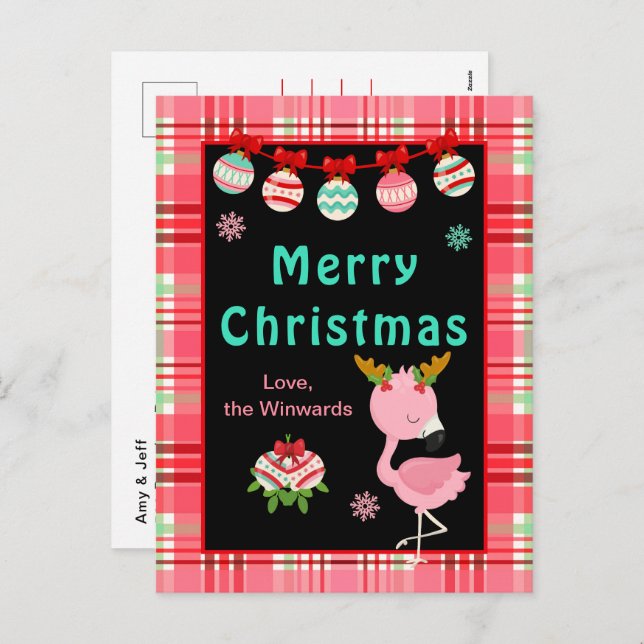 Festive Flamingo Merry Christmas Feiertagspostkarte (Vorne/Hinten)
