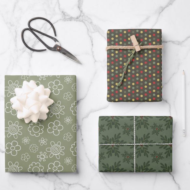 Festive Floral, Dots and Leaves - Geschenkpapier Set (Vorderseite)