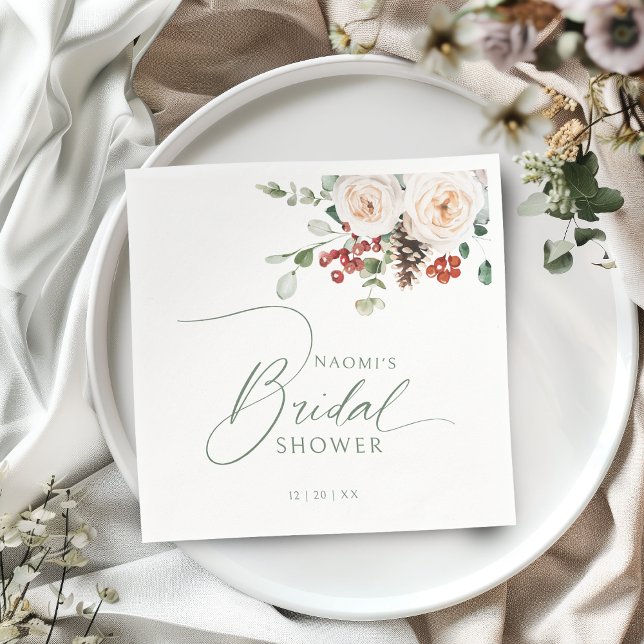 Festive Floral Winter Holiday Bridal Shower  Serviette (Festive Floral Winter Holiday Bridal Shower Napkins)