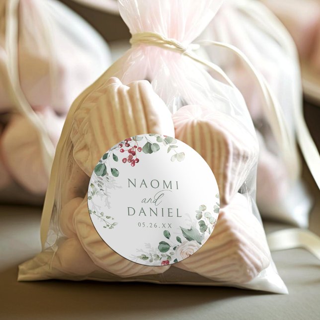 Festive Floral Winter Wedding thank you favors Runder Aufkleber (Festive Floral Winter Wedding thank you favors Classic Round Sticker)