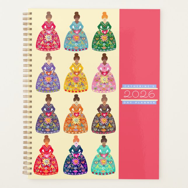 Festive Folk Art Ladies Daily Agenda Magenta 2026 Planer (Vorderseite)