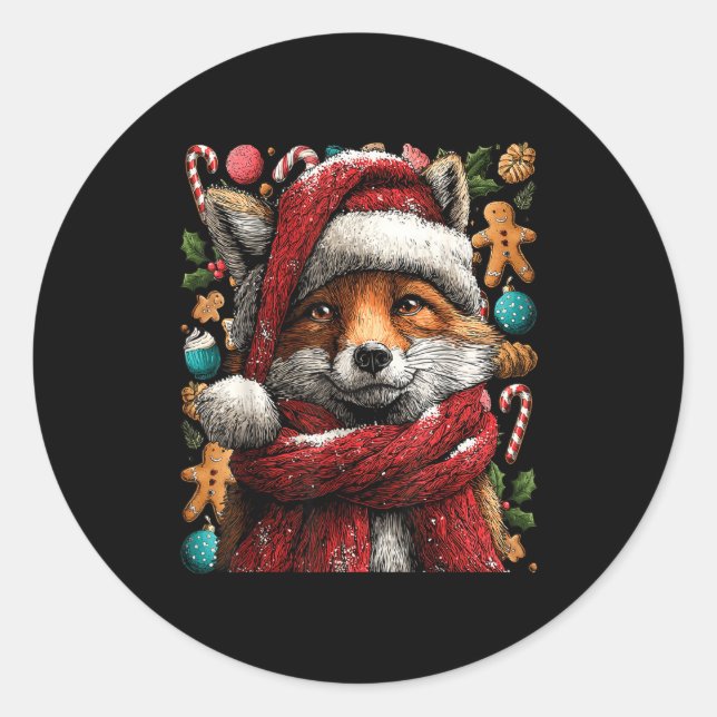 Festive Fox With Snow Santa Hat Winter Christmas A Runder Aufkleber (Vorderseite)