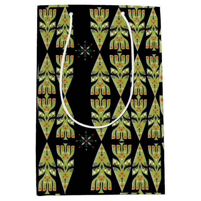 Festive Gift Wrap Green Black Pattern Mittlere Geschenktüte (Vorderseite)