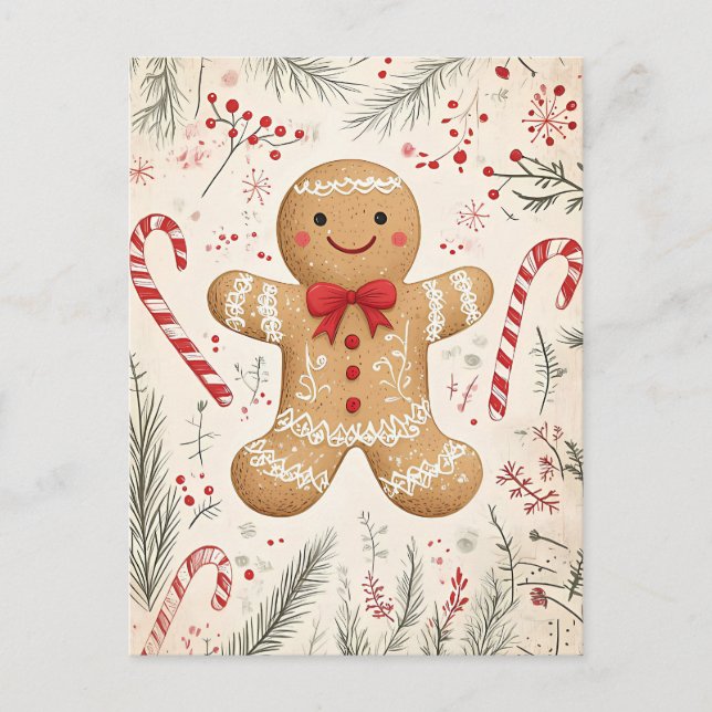 Festive Gingerbrot Mann Weihnachtsgrüße Postkarte (Vorderseite)