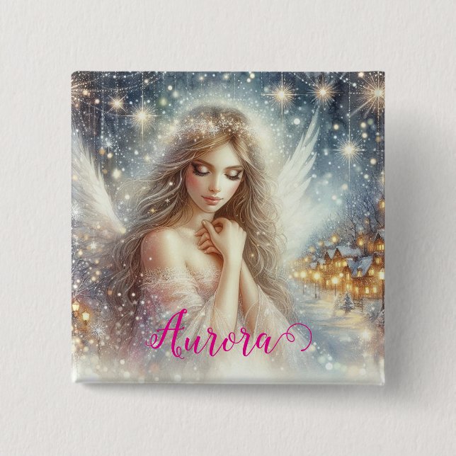 Festive Girly Watercolor Ethereal Frost Snow Angel Button (Vorderseite)