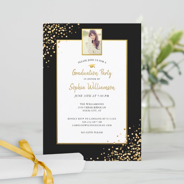 Festive Gold Black Grad Foto Graduation Party Inv Einladung (Von Creator hochgeladen)