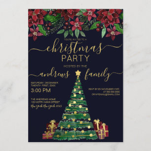 Festive Gold Holiday Tree Geschenke Blumenwein Einladung