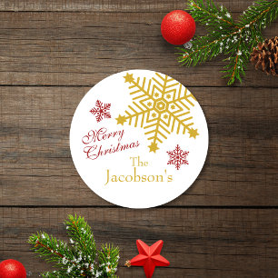 Festive Gold Red Frohe Weihnachten Schneeflocken Runder Aufkleber