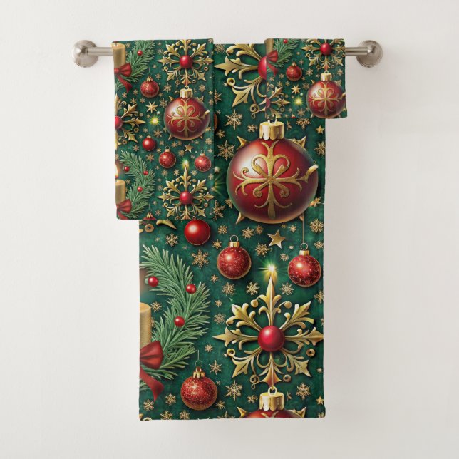 Festive Gold Rote Ornamente Schneeflocken Weihnach Badhandtuch Set (Insitu)