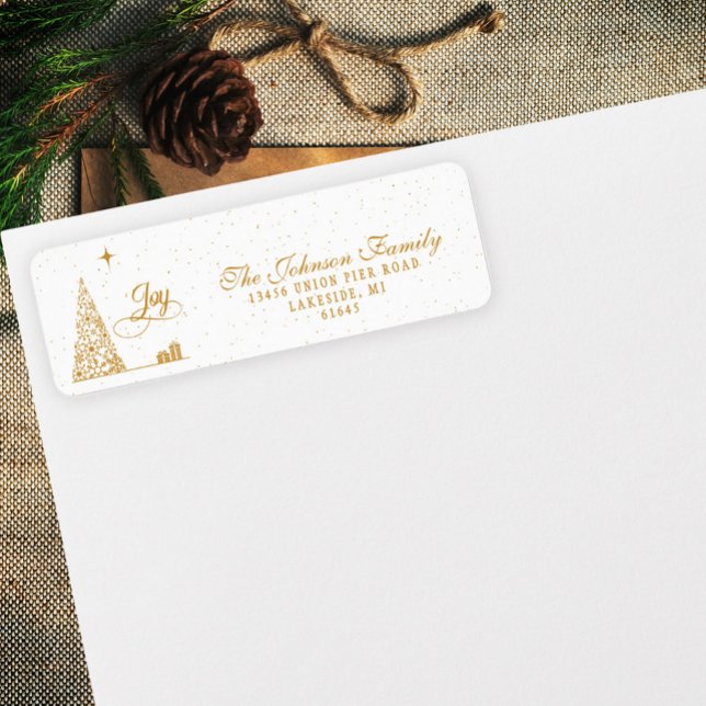 Festive Gold Script Christmas Tree Return Address  (Von Creator hochgeladen)