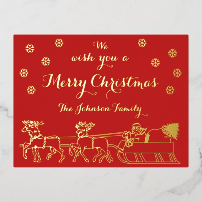 Festive Gold Script Frohe Weihnachten auf Schlitte Folie Einladungspostkarte (Vorderseite)