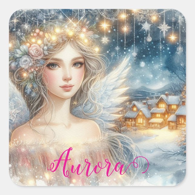 Festive Gold Watercolor Ethereal Frost Snow Angel Quadratischer Aufkleber (Vorderseite)