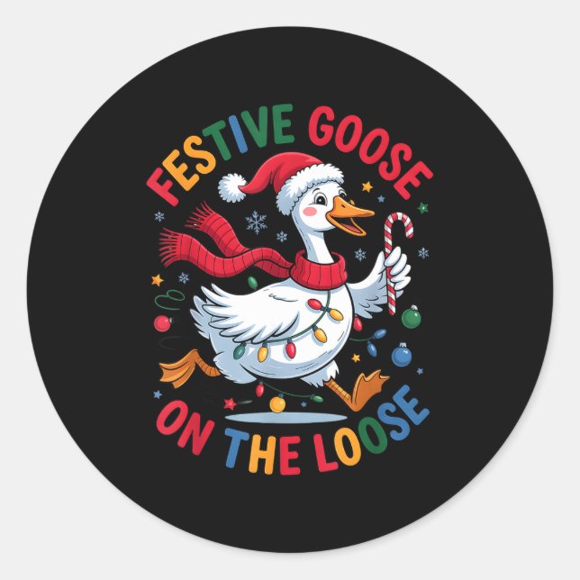 Festive Goose On Loose Christmas Cute Holiday Wint Runder Aufkleber (Vorderseite)
