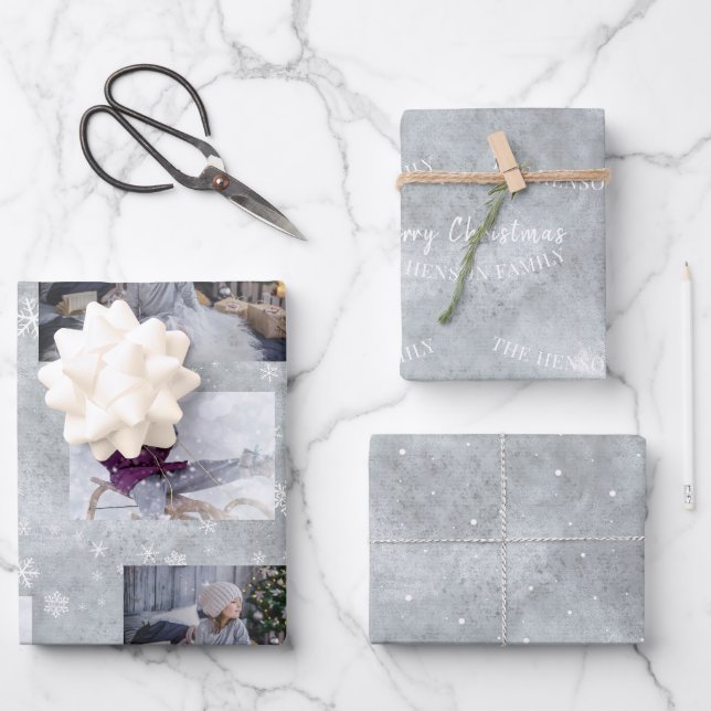 Festive Grau Foto Snowflake Weihnachtskritik Geschenkpapier Set (Vorderseite)
