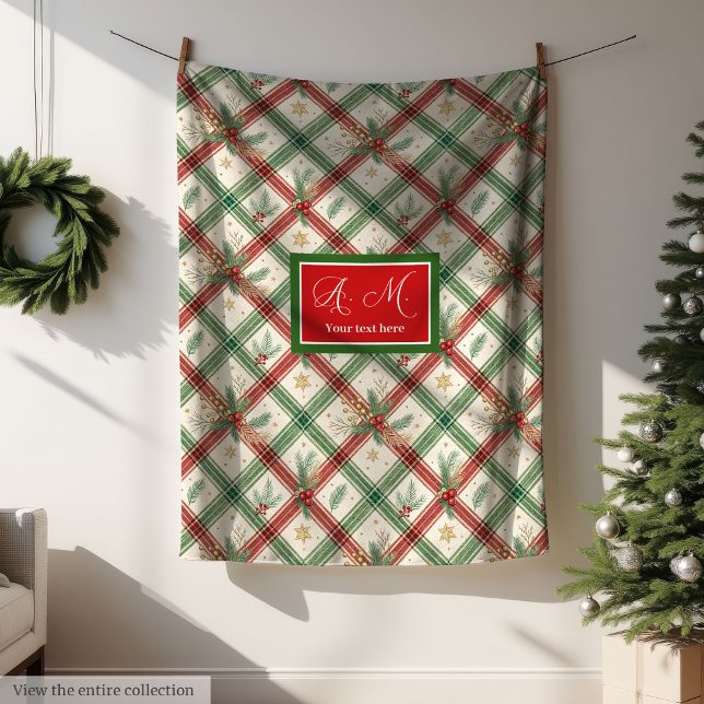 Festive green and red tartan monogram holiday fleecedecke (Festive green and red tartan monogram holiday Fleece Blanket)