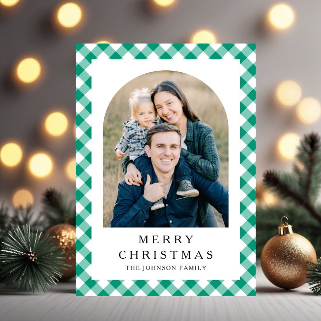 Festive Green Gingham Photo Christmas Feiertagskarte (Festive Green Gingham Photo Christmas Holiday Card)