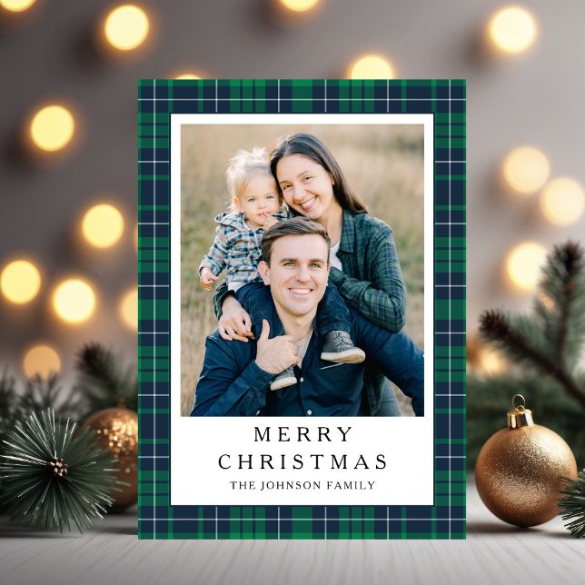 Festive Green Plaid Photo Christmas Feiertagskarte (Festive Green Plaid Photo Christmas Holiday Card)