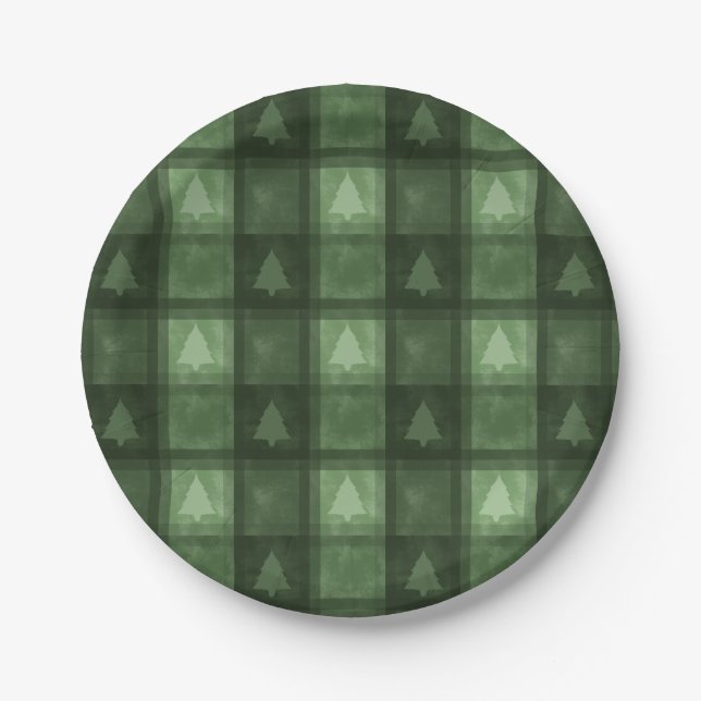 Festive Green Textured Plaid And Trees Christmas Pappteller (Vorderseite)