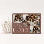 Festive Greeting | Merry & Bright 3 Photo Folien Feiertagskarte<br><div class="desc">Our festive and elegant holiday card design is the perfect way to show off three of your favorite family photos. Horizontal or landscape oriented design features "Merry & Bright" in shining gold foil typography and hand lettered script,  with your family name beneath.</div>