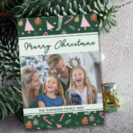 Festive Grün Frohe Weihnachtsmuster Foto Feiertagskarte
