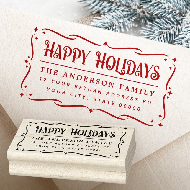 Festive Happy Holidays greeting return address Gummistempel (Festive Happy Holidays greeting return address Rubber Stamp)