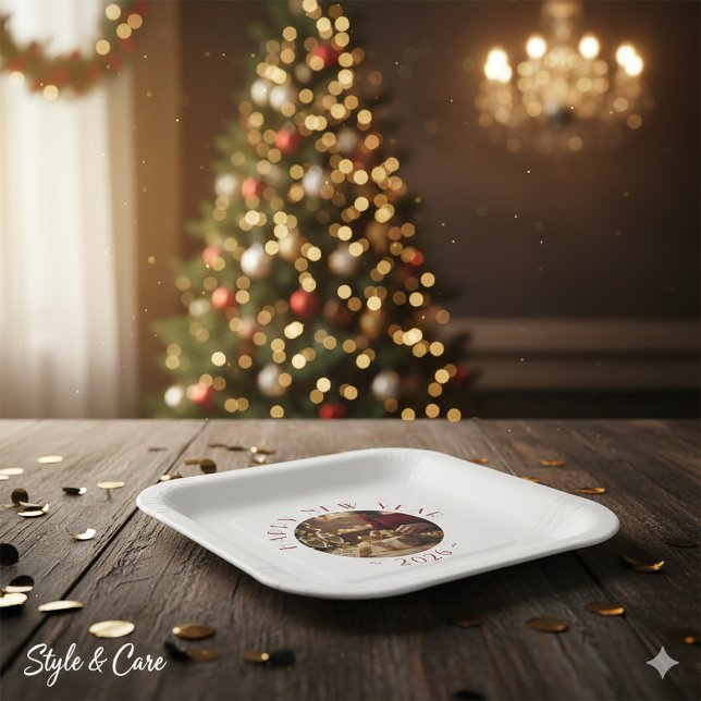 Festive Happy New Year Custom Photo Text Party Pappteller (Festive Happy New Year Custom Photo Text Party Paper Plates)