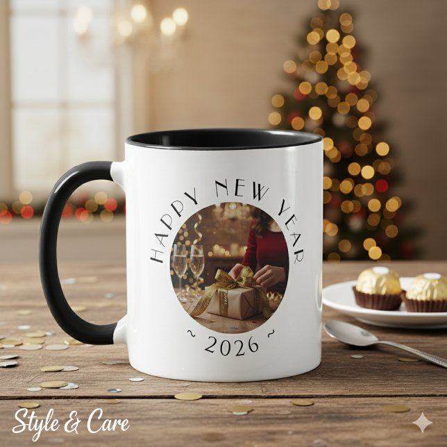 Festive Happy New Year Custom Photo Text Party Tasse (Festive Happy New Year Custom Photo Text Party Mug)
