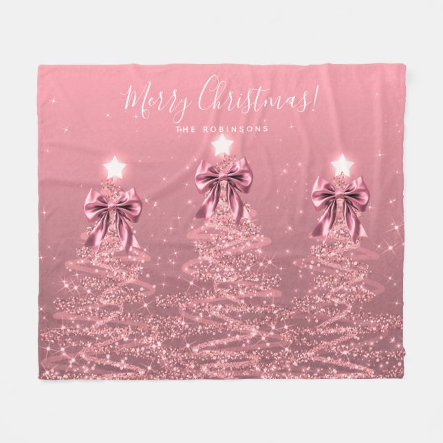 Festive Holiday Blush Pink Christmas Trees Bows Fleecedecke (Vorderseite (Horizontal))